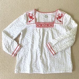 J Crew Square Neck White Cotton Top w Red Embroidery Size S